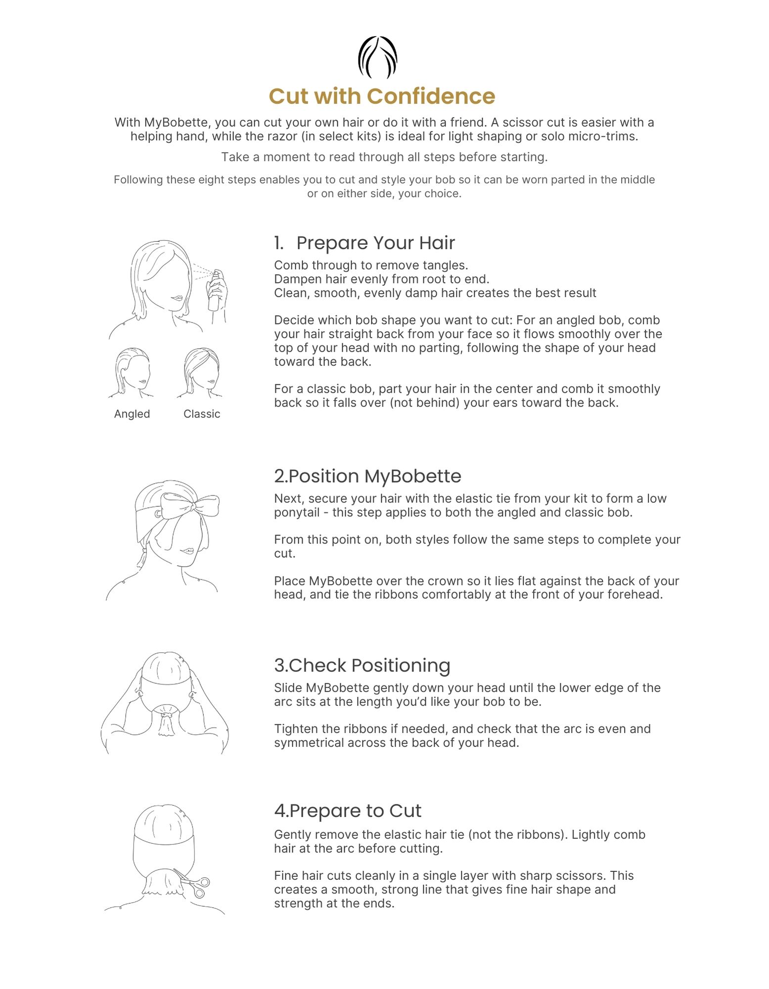 MyBobette at-home bob cut instructions showing steps 1 to 4 with fine hair illustrations.