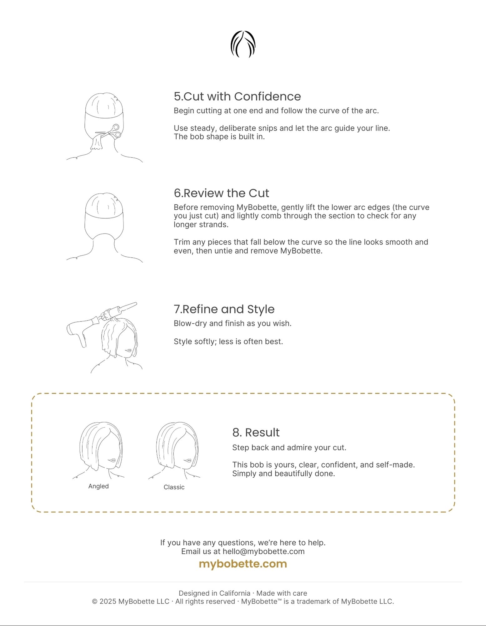 MyBobette bob cut instructions steps 5 to 8 – fine hair blunt bob cutting guide with illustrations