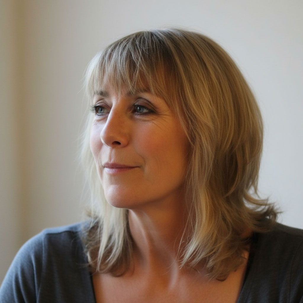 Woman with fine hair and long bangs showing natural density and texture