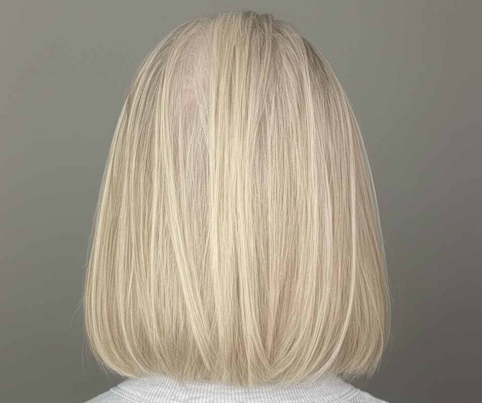 Back view of a blunt bob haircut on fine hair showing an even perimeter and balanced length