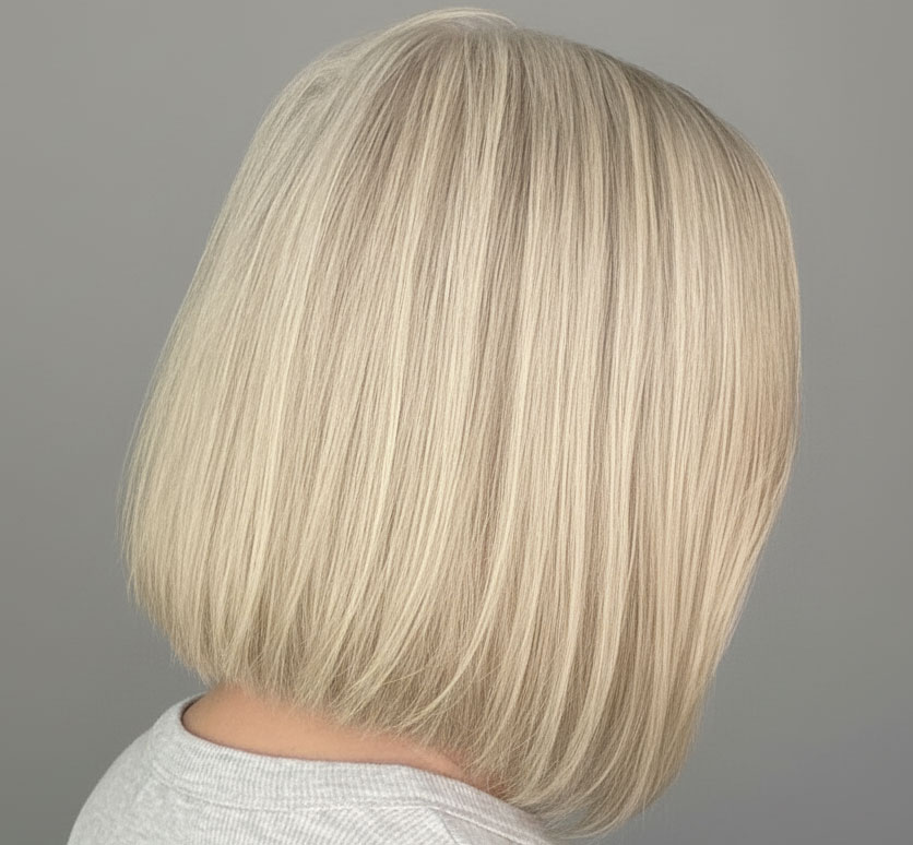 Back and side view of a bob haircut on fine hair showing a straight, even bob line