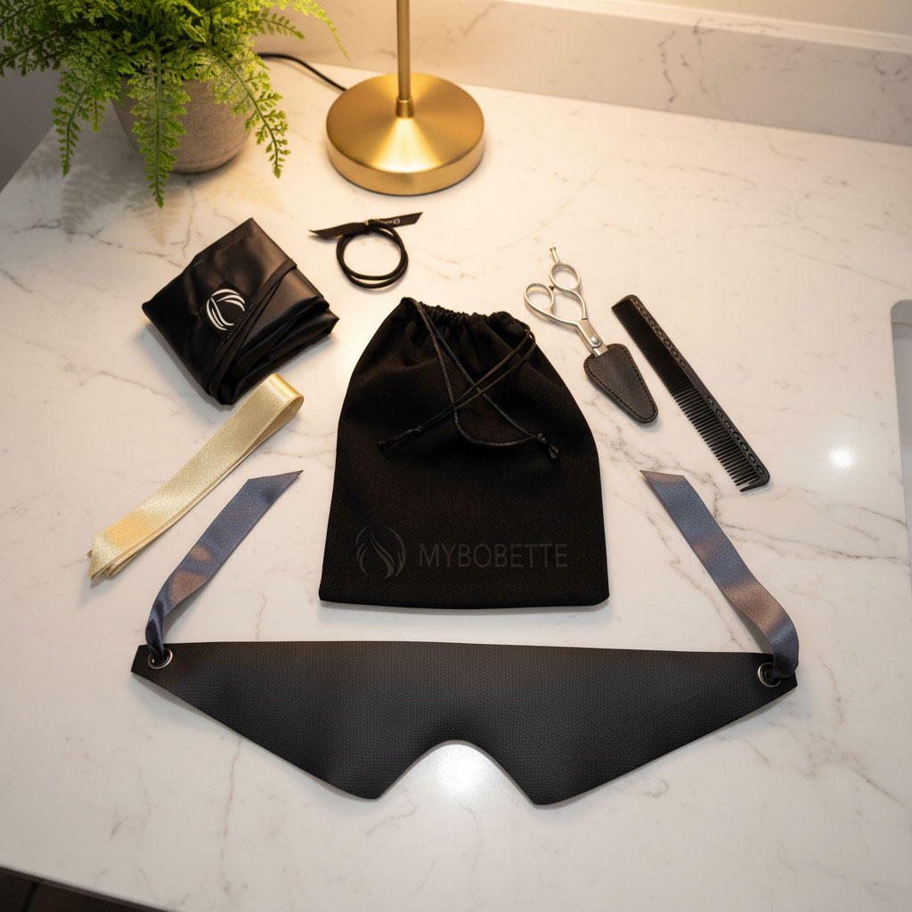 MyBobette fine hair bob cutting kit with guide, shears with sheath, neck duster cape, hair ties, comb, and velvet pouch