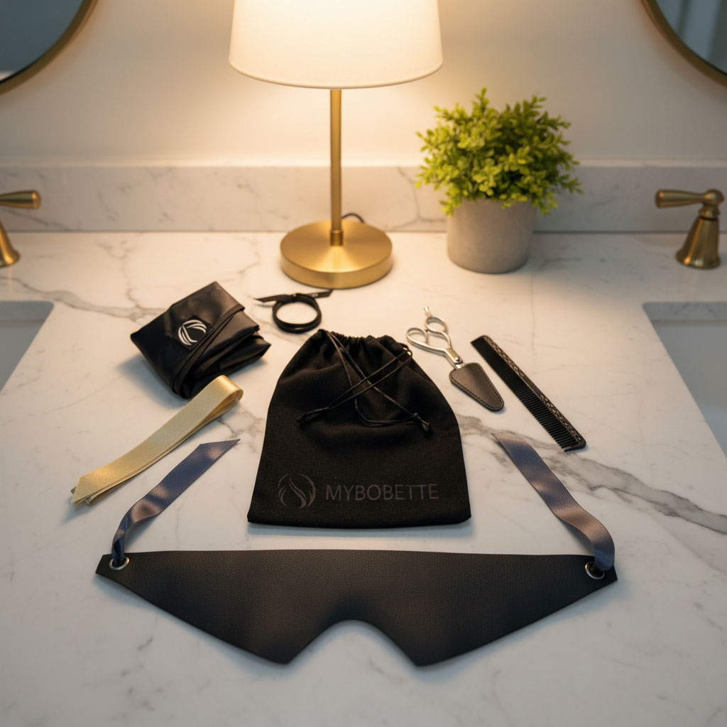 MyBobette haircut core kit arranged on a marble bathroom countertop with warm lighting
