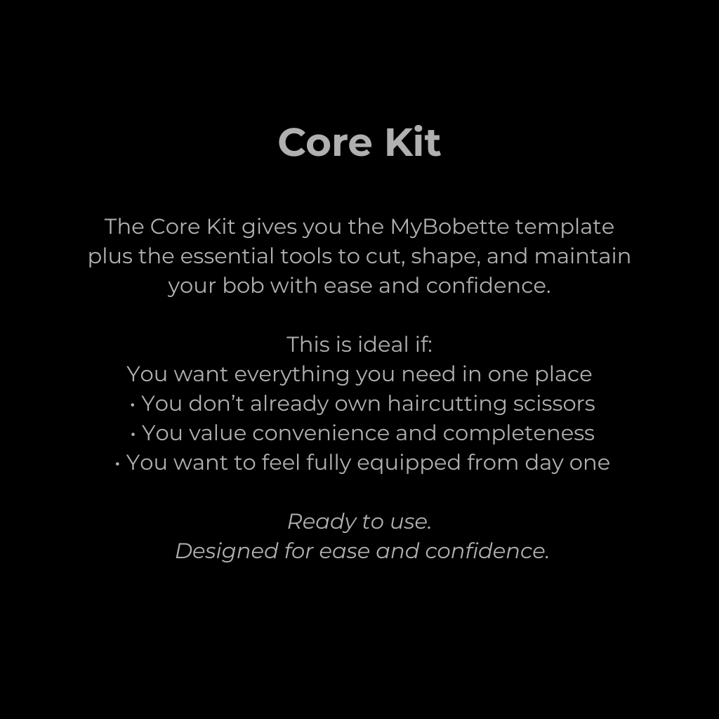 Overview card explaining the MyBobette Core Kit for cutting and maintaining a bob haircut at home