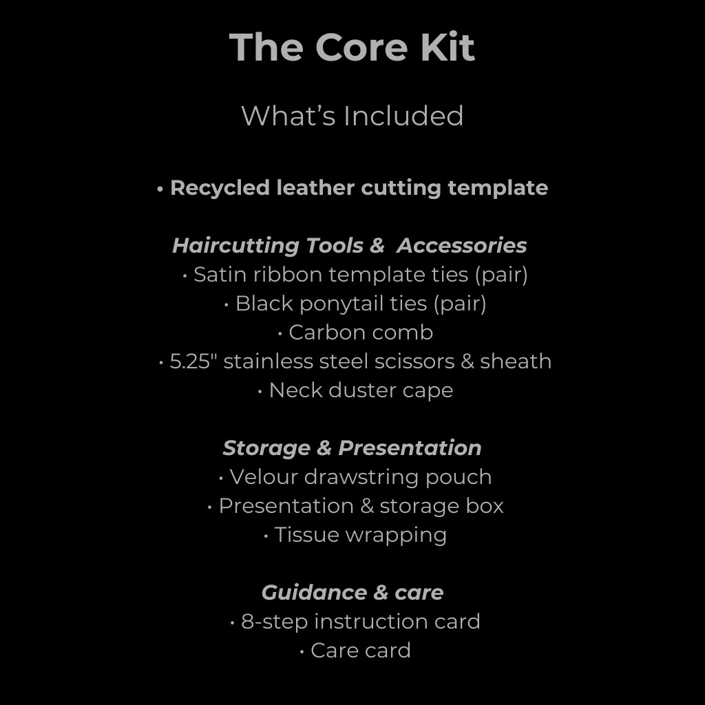 MyBobette Core Kit contents showing leather cutting template, ribbon and ponytail ties, carbon comb, scissors, neck duster, velour pouch, presentation box, and instruction cards