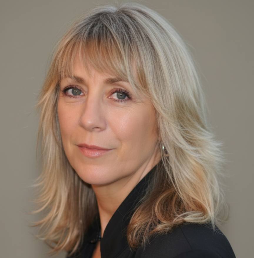 Portrait showing a layered haircut on fine hair with fringe and natural movement