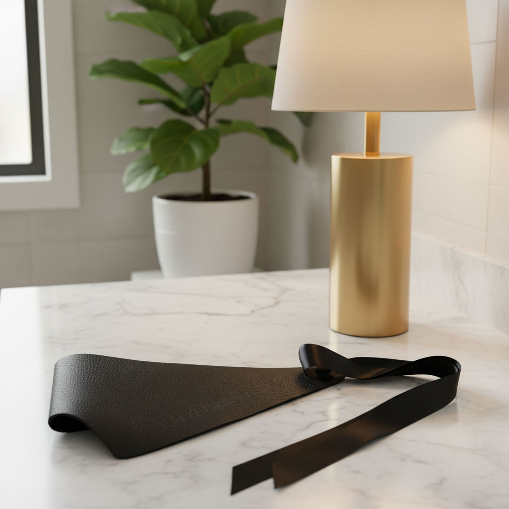 MyBobette leather template for cutting a blunt bob, shown on a marble bathroom counter