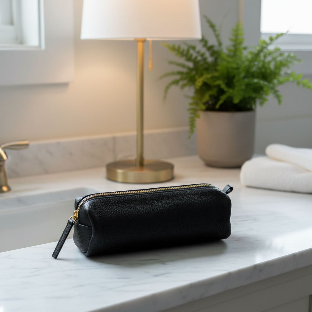 Black leather zippered pouch included with the MyBobette fine hair haircut kit