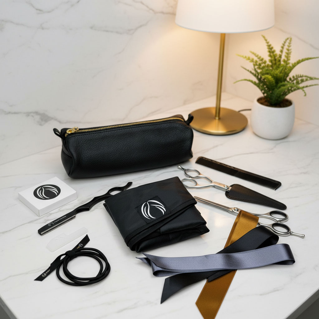Complete MyBobette Mastery Kit with professional scissors, razor, ribbon, guide, and storage pouch for fine hair bob cuts