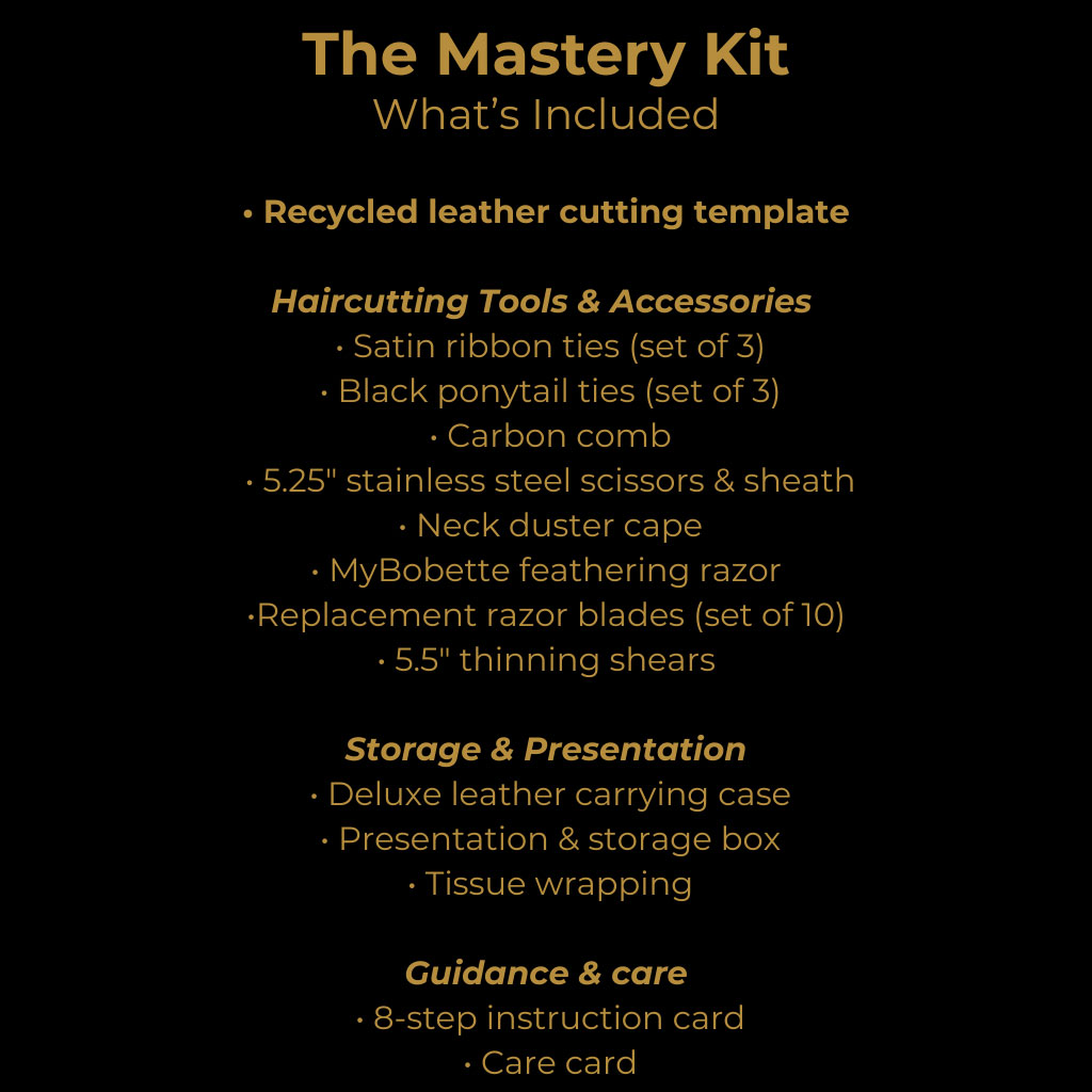 MyBobette Mastery Kit contents showing leather cutting template, ribbon and ponytail ties, carbon comb, scissors, thinning shears, feathering razor with blades, leather case, and instruction cards