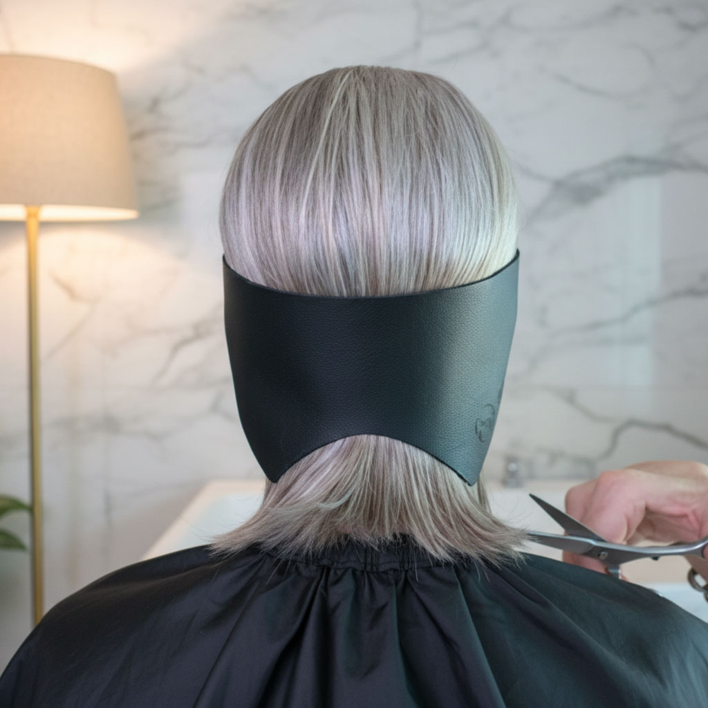 MyBobette template in use while cutting a blunt bob at home, showing precise curved guide with neck duster cape