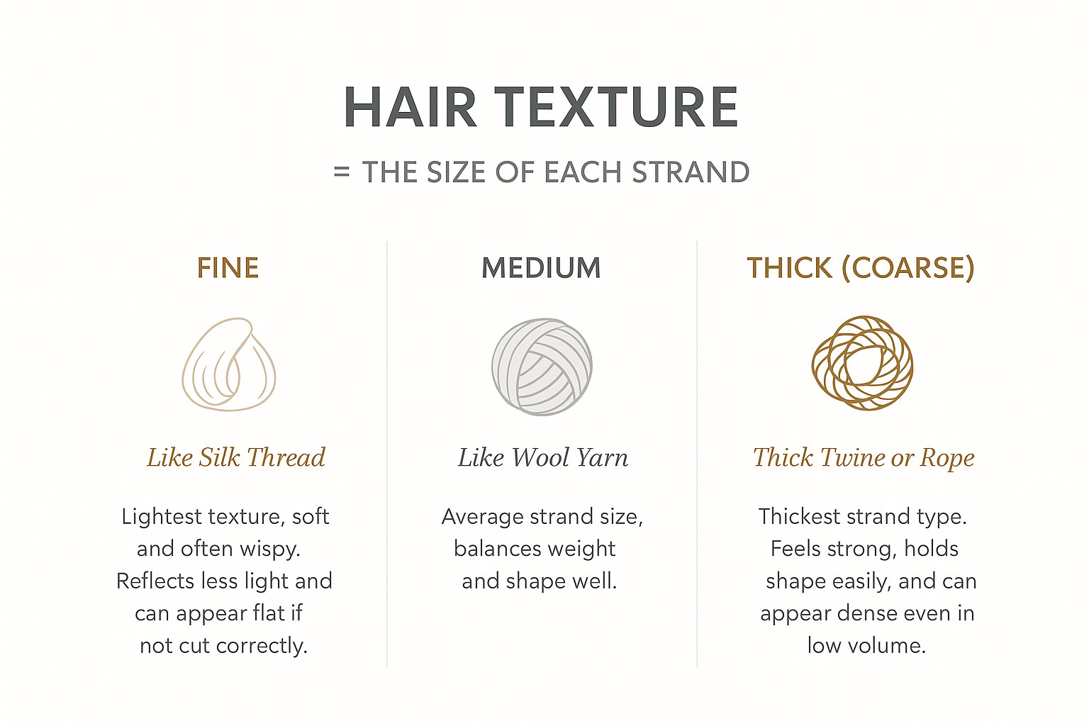 Infographic showing the three hair textures - fine, medium, and thick - with strand