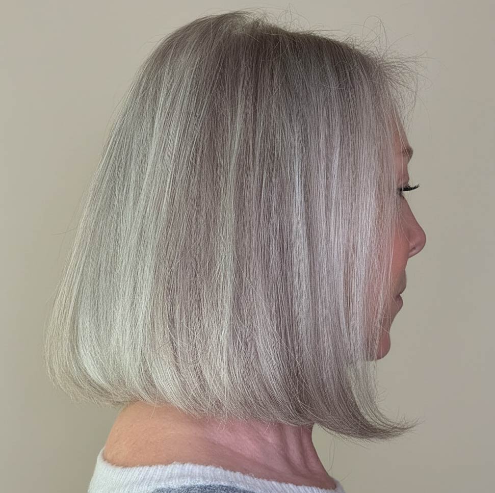 Side profile of a blunt bob haircut on fine hair showing smooth shape and natural fullness