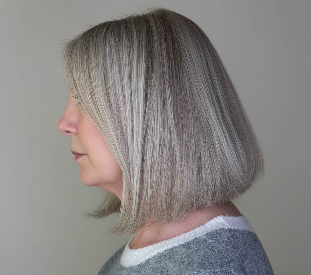 Side profile of a blunt bob haircut on fine hair showing a clean perimeter line and natural density