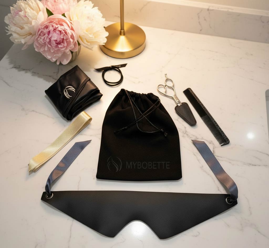 MyBobette core bob cutting kit with guide, scissors, comb and accessories arranged on a marble vanity